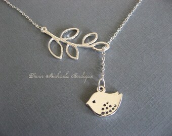 Silver Lariat Necklace Bird necklace, Branch Necklace, Bird and Branch Necklace, Silver Bird Necklace