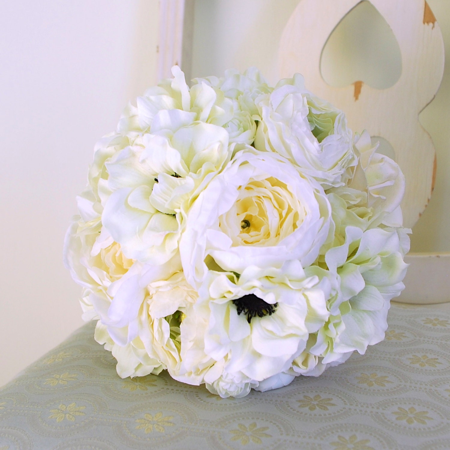 Anemone And Ranunculus Bouquet In White And Cream Silk