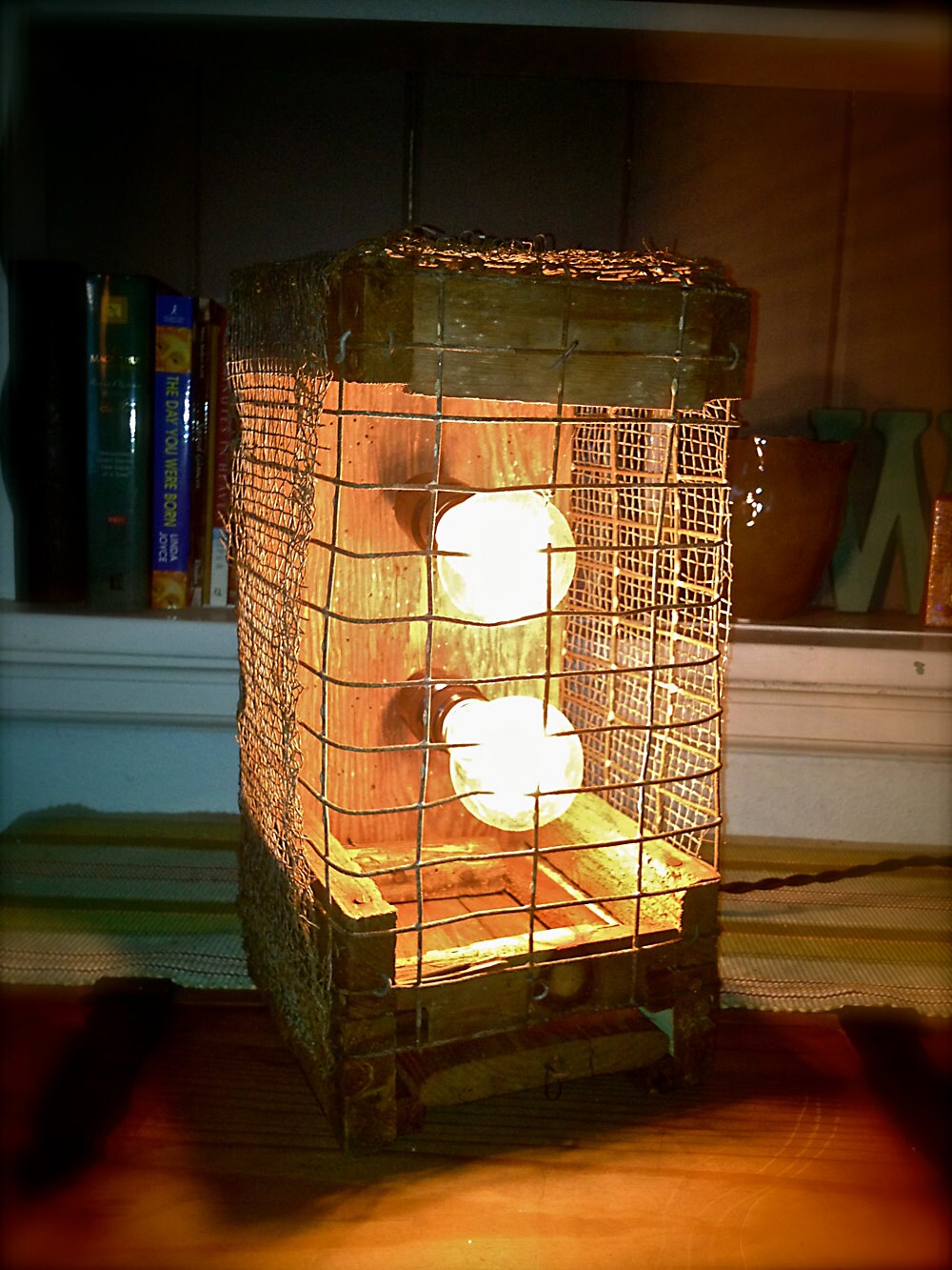 Primitive Rustic Table Lamp Wood Wire Cage by OhGloryVintage