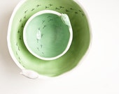 LAST GREEN BOWL/end of collection. ceramic nesting bowls. modern, quirky pottery dishe. large cereal bowl, small bird bowl. gift for hostess