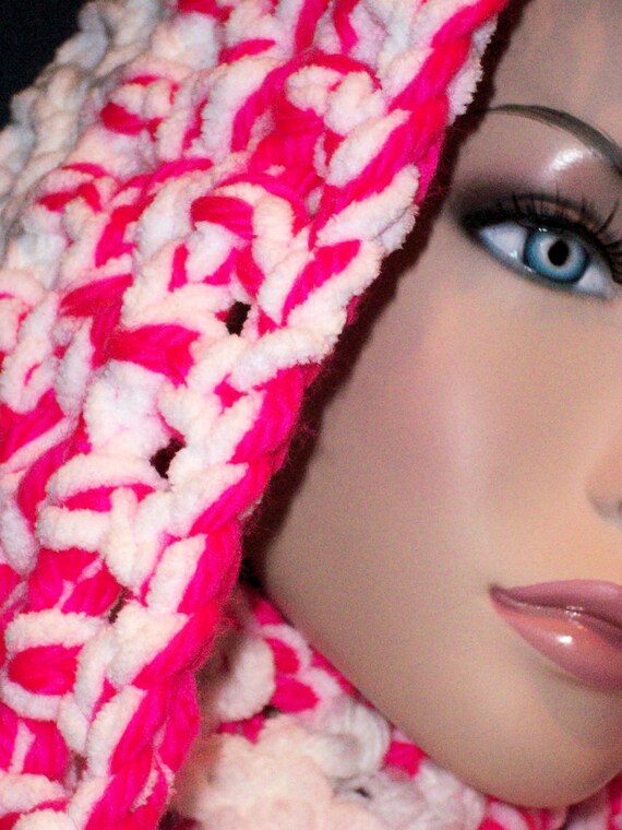 Neon Pink Crochet Infinity Scarf White Crochet Infinity