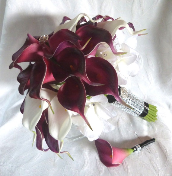 Plum eggplant and white mini real touch calla lily Wedding