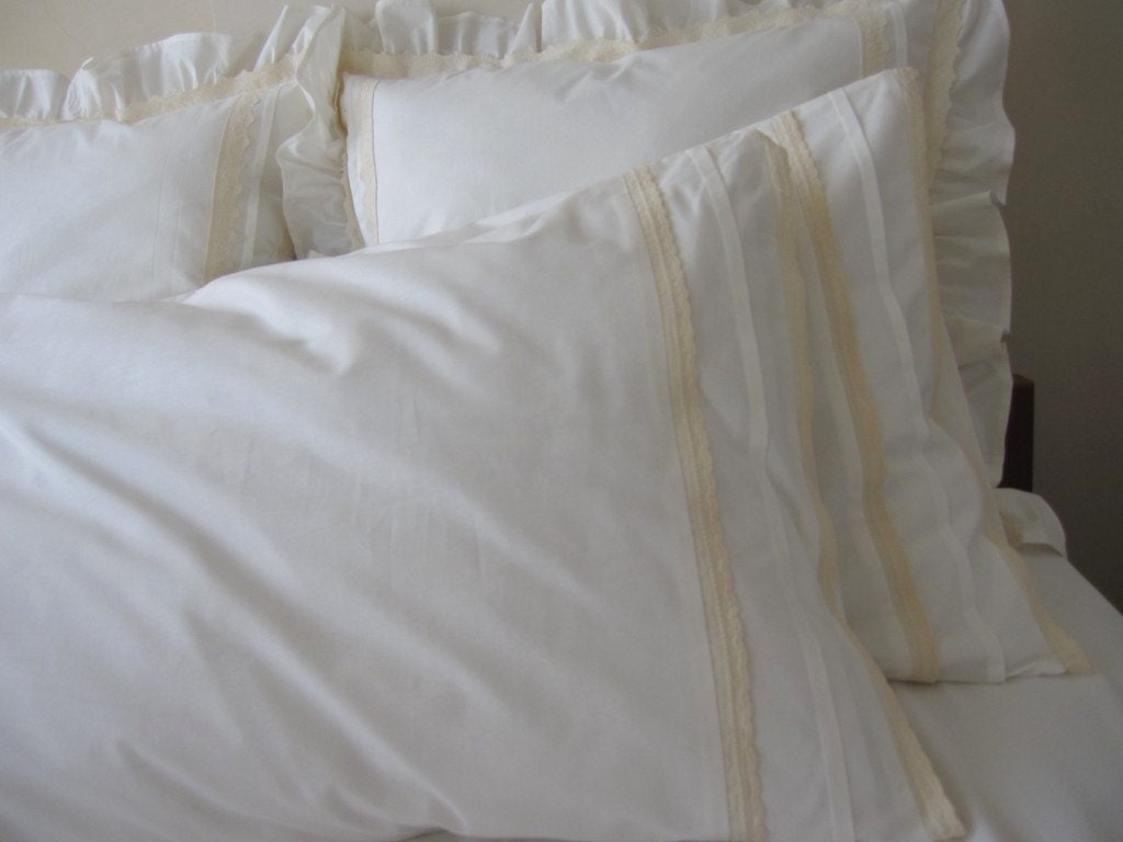 Plain Ivory standard queen Pillowcase eyelet lace trim shabby