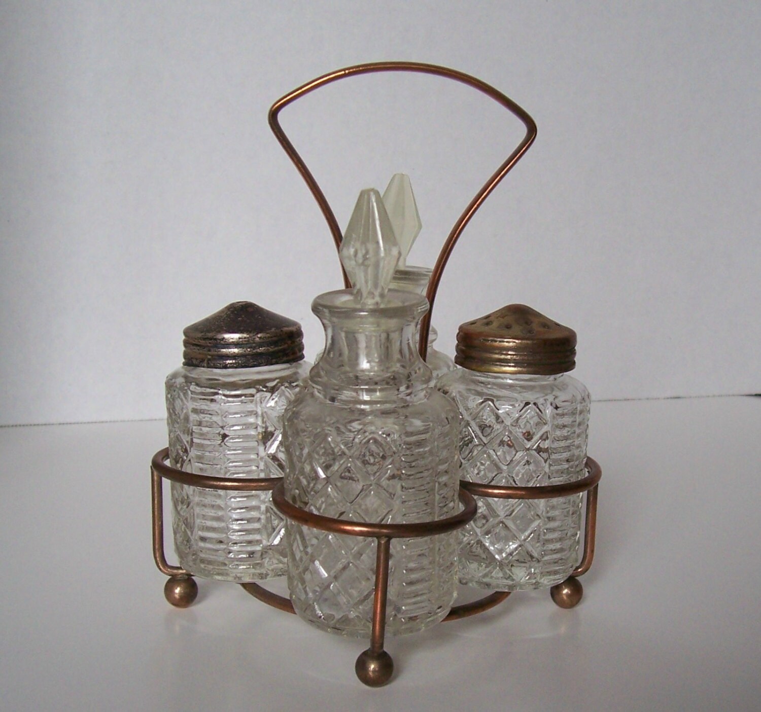 Vintage Glass English Condiment Set Cruet Oil Vinegar Salt