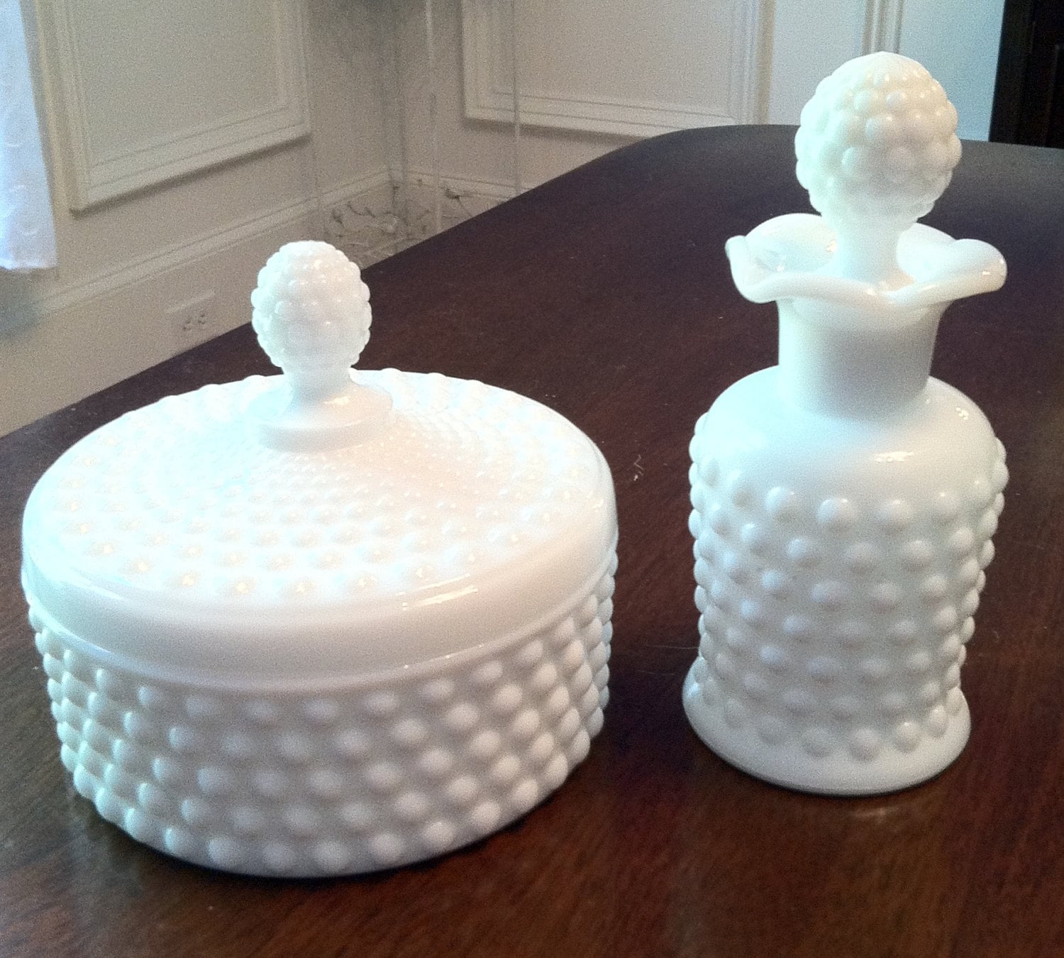 Imperial Glass Milk Glass Hobnail Dresser Set Powder and