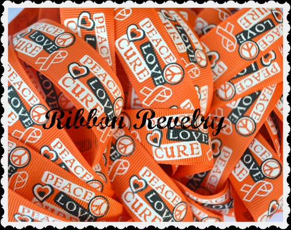 Peace, Love, Cure ribbons on orange 7/8" grosgrain ribbon Kidney & leukemia cancer awareness Il_570xn