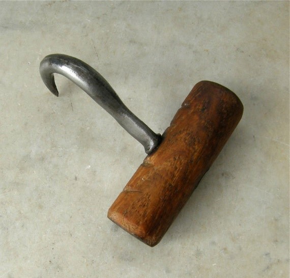 Vintage MEAT HOOK Wooden Handle Steel Hook 3 Inches Long