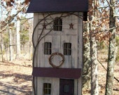 Primitive Lighted Tall Skinny Farmhouse w/ porch Folk Art  taupe w/ rusty black accents ~ Comes w/ light and cord ~ Birdhouse ~  Very unique