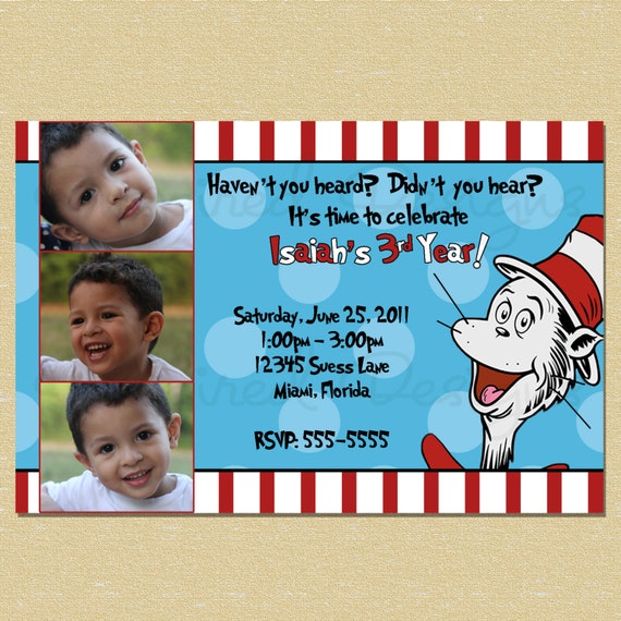 Cat in the Hat - Dr. Suess Birthday Invitation 3 Photo Option Il_570xn