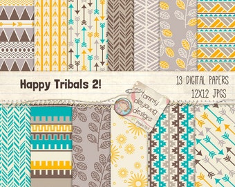 Aztec Tribal Digital Paper, Tribal Backgrounds, Arrows prints, geometric paper patterns, turquoise, yellow, brown, Native American paper