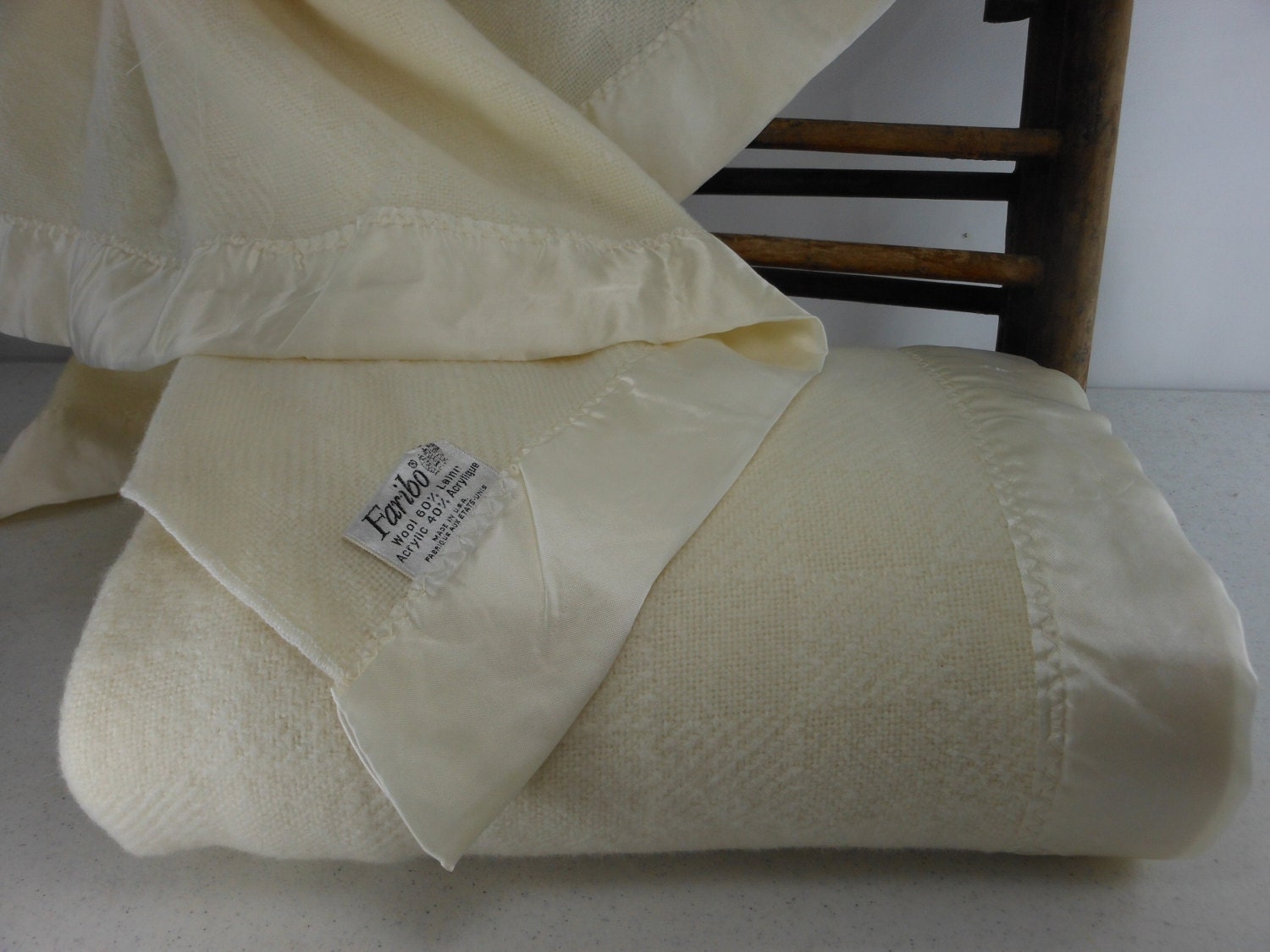 Pair FARIBO Blankets Soft Wool Acrylic Satin Binding 63 X 90