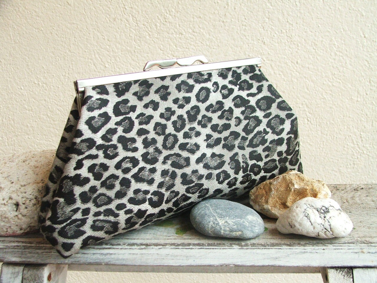 Animal print clutch bag Black leopard print fabric handbag