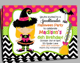 Halloween Invitation Printable or Printed with FREE SHIPPING- Birthday/Halloween Party- You Pick Hair Color/Skin Tone - Witch Hat Collection