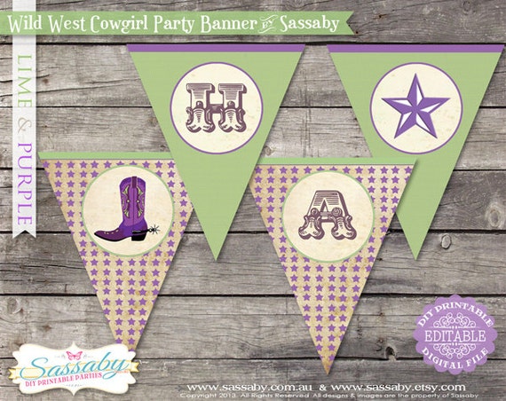 Cowgirl Party Banner - Lime & Purple - Girls Birthday Party - DIY PRINTABLE FILE Il_570xn
