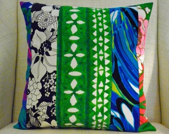 Pillow Cover - Vintage Tropical Mod Patchwork - Black, White, Green, Turquoise - 18 x 18