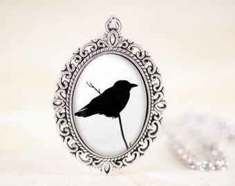 Crow Silhouette Pendant - Gothic Crow Necklace, Raven Jewelry, Black Crow Jewelry, Black and White Necklace, Gothic Jewelry, Bird Silhouette