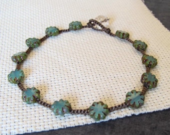 Crochet Anklet "Turquoise Flowers", Hippie Boho Chic Jewelry, Surfer Beach