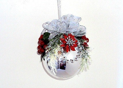 Silver Ball Ornament Embellished With Red Berries Poinsettias Silver Chain And Bow