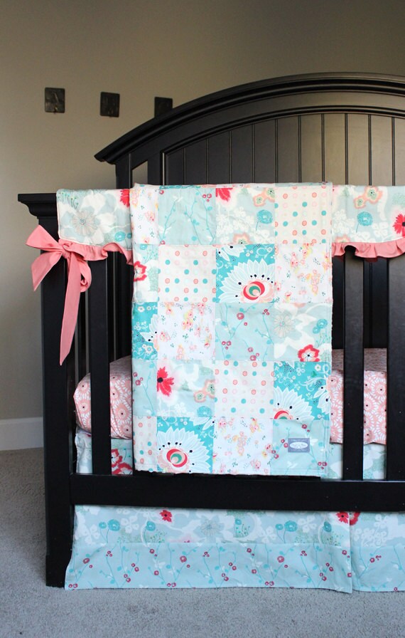 Coral Turquoise Girl Crib Bedding Nursery Set Chevron