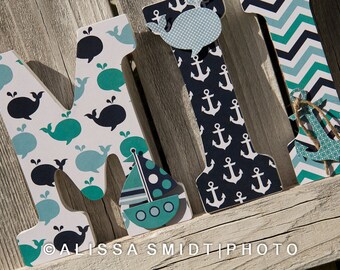 Custom Nursery Letters, Baby Boy Nursery, Baby Girl Nursery - Nautical Theme Letters (whale, boat, anchor, teal, navy, aqua, white), 9 Inch