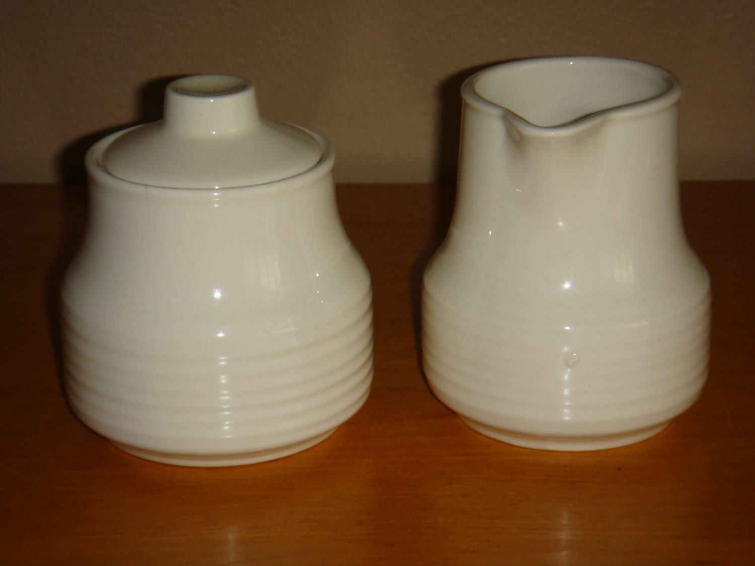 Vintage Ivory Ceramic Ringed Creamer and Sugar Set Haute Juice