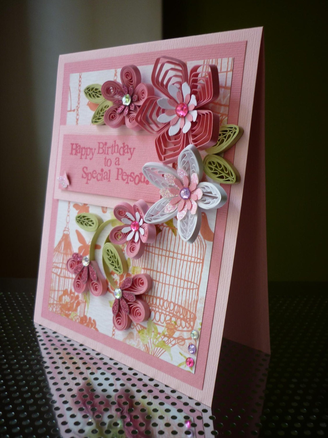Handmade Quilling Paper Pink Card Happy by FromQuillingWithLove