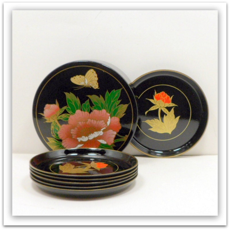 Vintage Coaster Set 7 Piece Asahi Japan Lacquer Hand Painted Case & 6