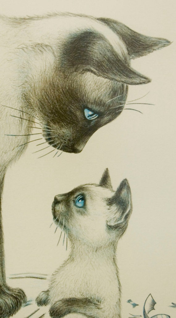 Irene Spencer Artist Signed, Limited Edition Lithograph, Print w/ Siamese Cats: Christmas Mourning