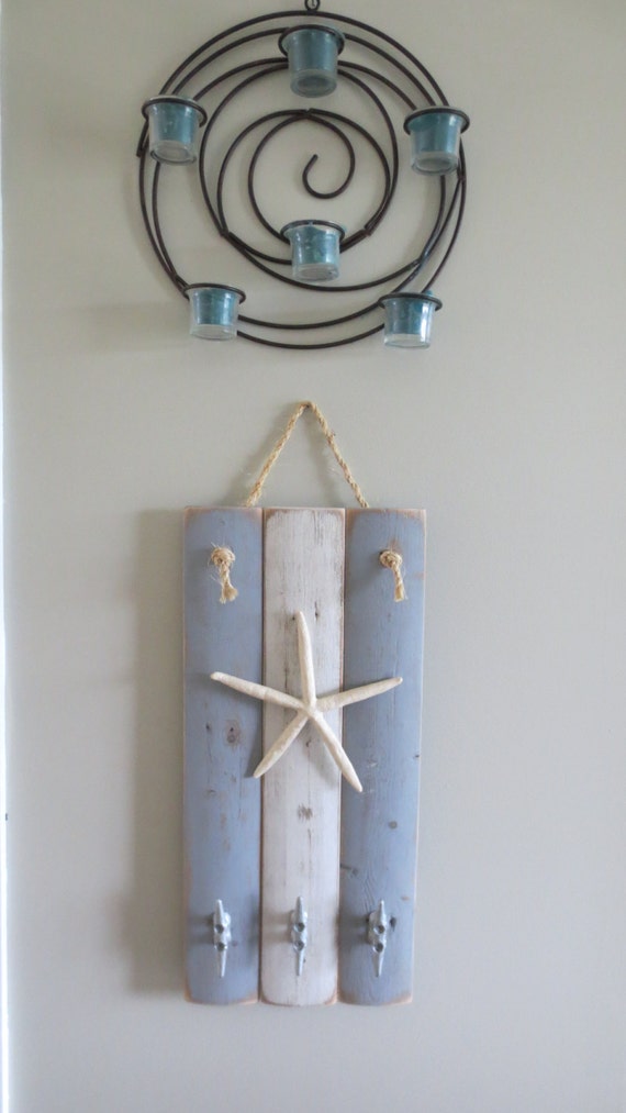 Items similar to Starfish Coat Hooks sky blue and white nautical wall