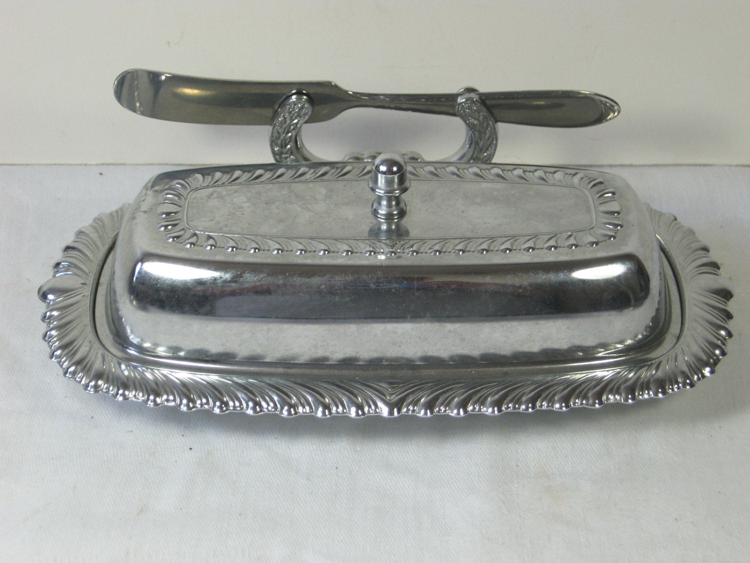 Vintage BUTTER DISH Stainless Metal w/ Glass Insert & Floral