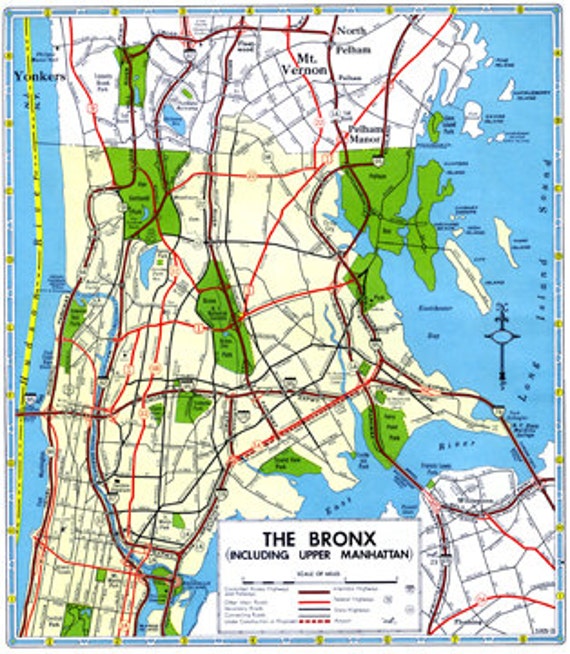 Bronx and Upper Manhattan Map Vintage 1960s Art Illustration