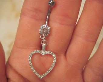 Navel Belly Button Ring Barbell Heart Clear Crystal Rhinestones naval