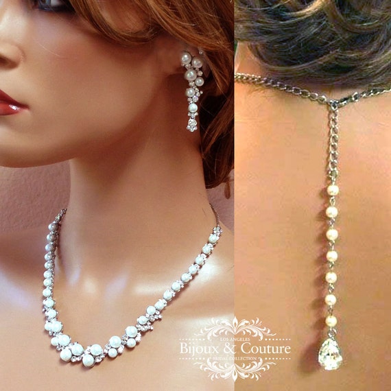 Bridal jewelry set Bridal back drop bib necklace earrings