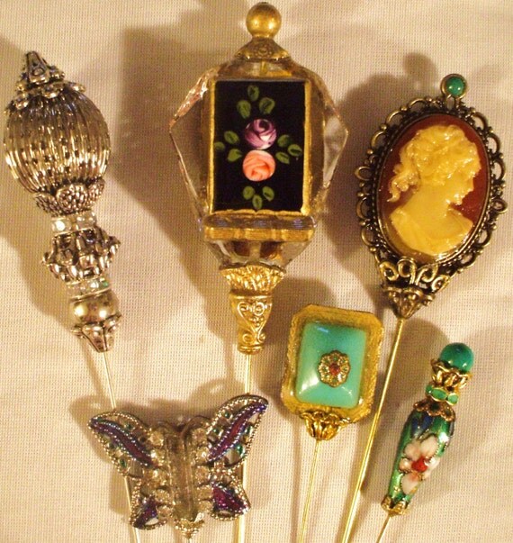 6 Antique style hat pins with vintage and antique pieces