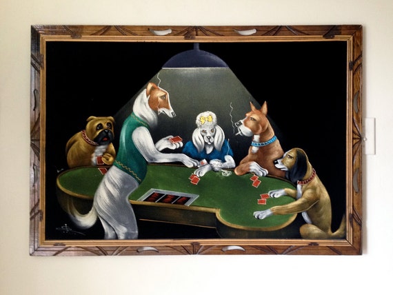 LARGE Dogs Playing Poker Black Velvet Painting Vintage 1970s