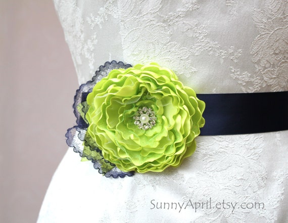 Lime Green Navy Blue Flower Wedding Ribbon Sash/  Handmade Accessory/ Free Shipping on Additional Items