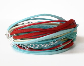bohemian wrap bracelet, turquoise red cuff bracelet, multistrand wrap bracelet, triple wrap bracelet, wraparound endless cuff, gift for her
