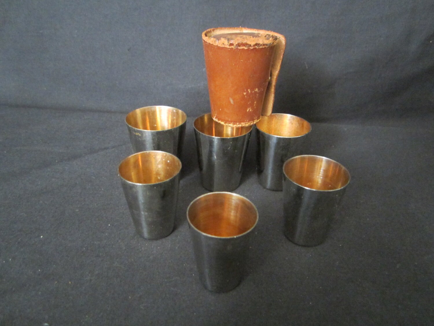 Vintage German Nesting Jigger shot glasses with leather case