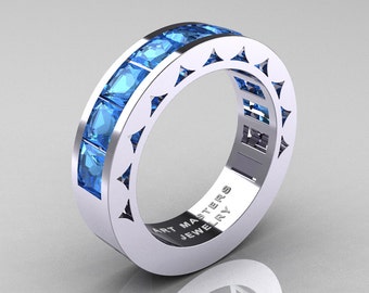 mens modern 14k white gold princess blue topaz channel cluster sun wedding ring r274 14wgbt - Topaz Wedding Ring mens modern 14k white gold princess blue topaz channel cluster sun wedding ring r274 14wgbt - Topaz Wedding Ring