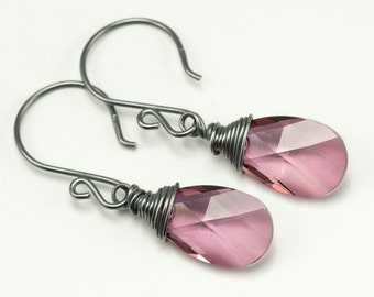 Pink Earrings | Oxidized Sterling Silver Wire Wrapped Dangle Earrings | Swarovski Elements | Handmade ES248
