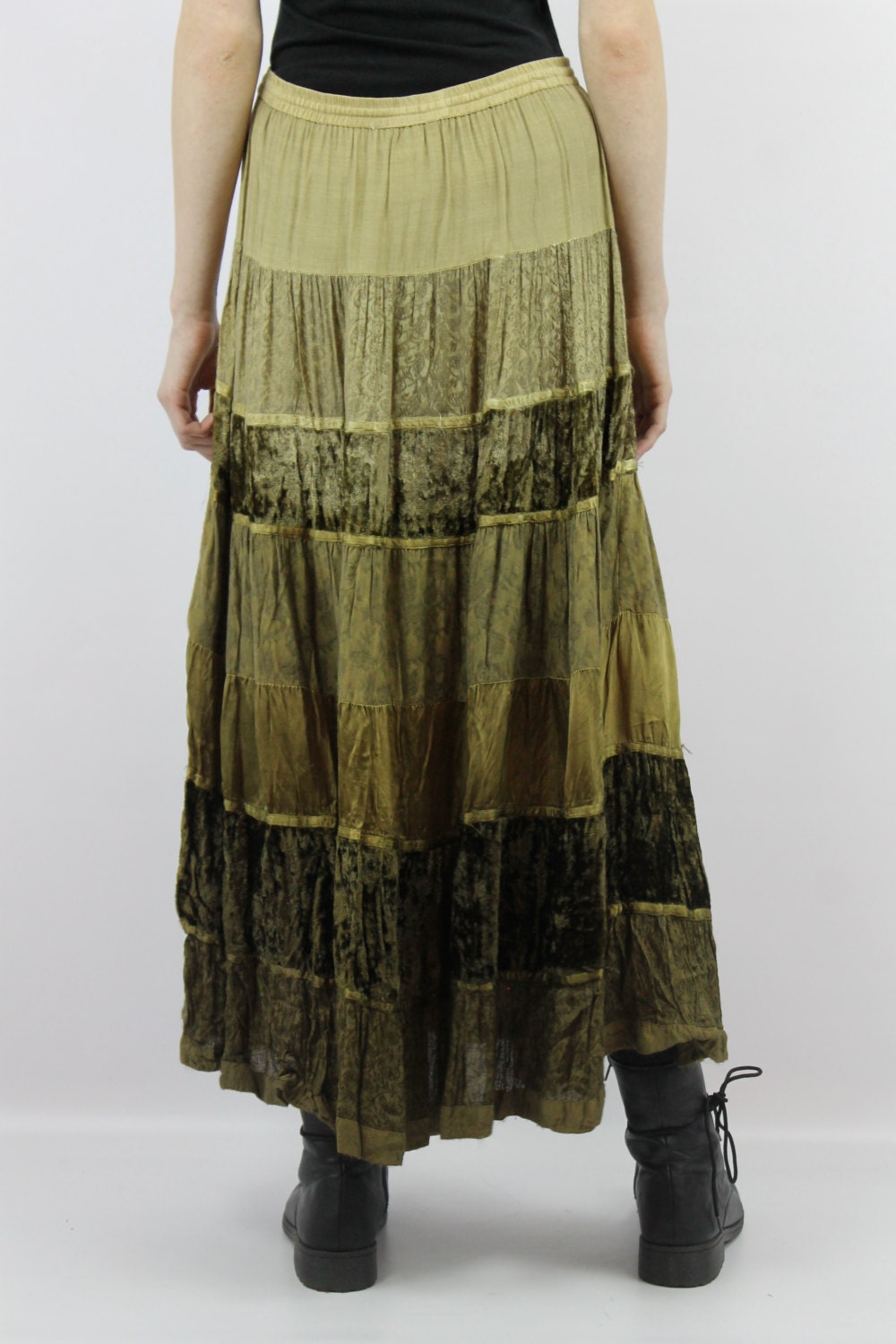 Vintage 90s Olive Green Maxi Skirt 90s Grunge Skirt Crushed