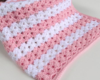 Crochet Stripe Baby Blanket 25x29 Pink White Striped Blanket