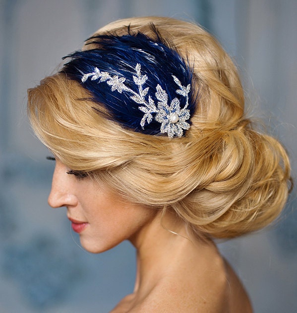 Blue Wedding fascinator navy blue and silver lace feather