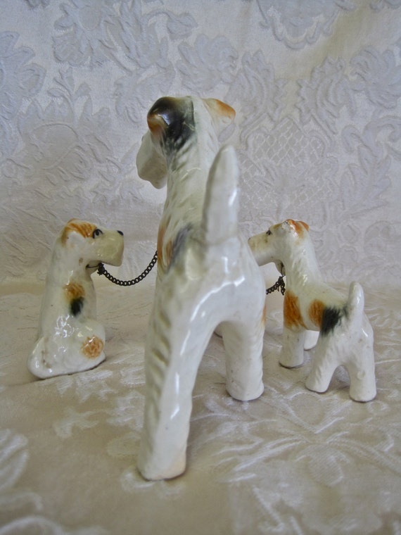 Terrier Porcelain Figurines Mom and 2 Puppies on Chains Large