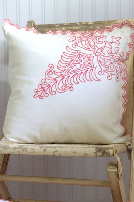 Decorative Pillow Cover Vintage Redwork 16 x 16
