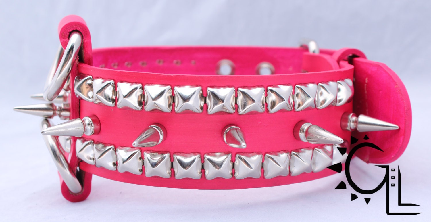 Long Spiked Hot Pink Leather Dog Collar with by guillensleather
