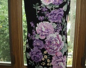 Vintage Silk Screened Floral Designed Dress with Large Pink and Purple Peonies in a Full Length Black Rayon Gown in Mint Condition Vintage Silk Screened Floral Designed Dress with Large Pink and Purple Peonies in a Full Length Black Rayon Gown in Mint Condition