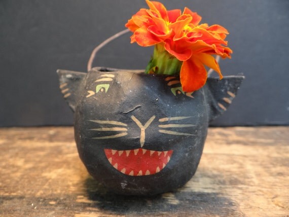 RESERVED for CATANDFIDDLEFOLK 1940's Black Cat Head Candy Container for Halloween, Antique Small Hand Painted