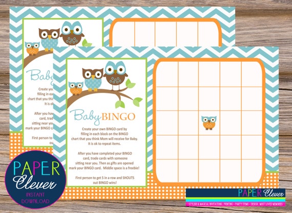 Baby shower bingo game, modern owl, aqua, orange, lime - instant download #A1298 Il_570xn