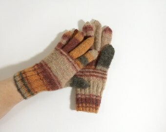 Hand Knitted Gloves - Brown, Red, Black, Size Medium